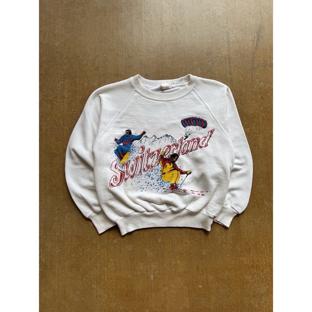 VTG 70s Switzerland Skiing Snowboarding Novelty Crewneck Sweater Kids 6 Years
